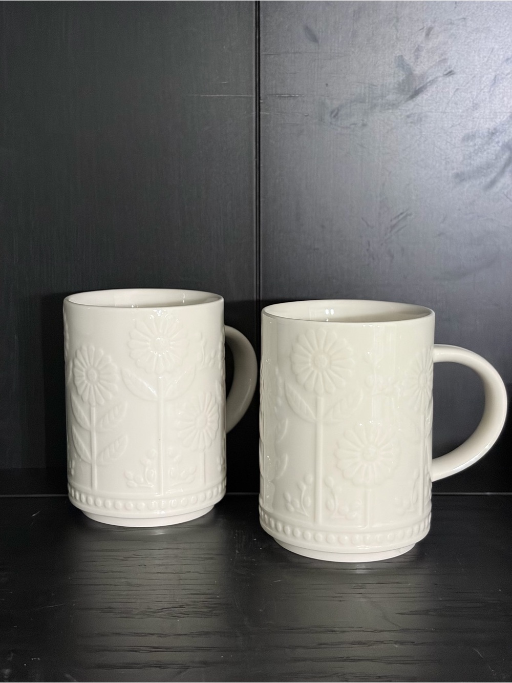 Two Starbucks 12 oz ceramic mugs with embossed daisy or sunflower floral design - Picture 6 of 14